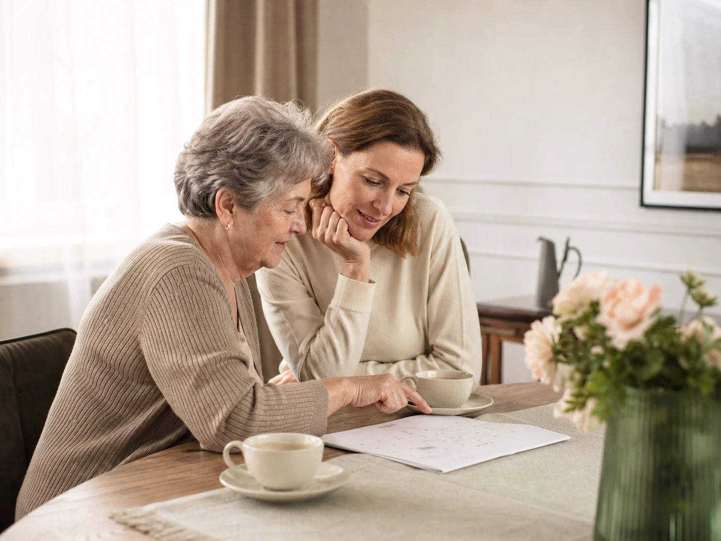 Seniorin und Angehörige planen gemeinsam den Alltag